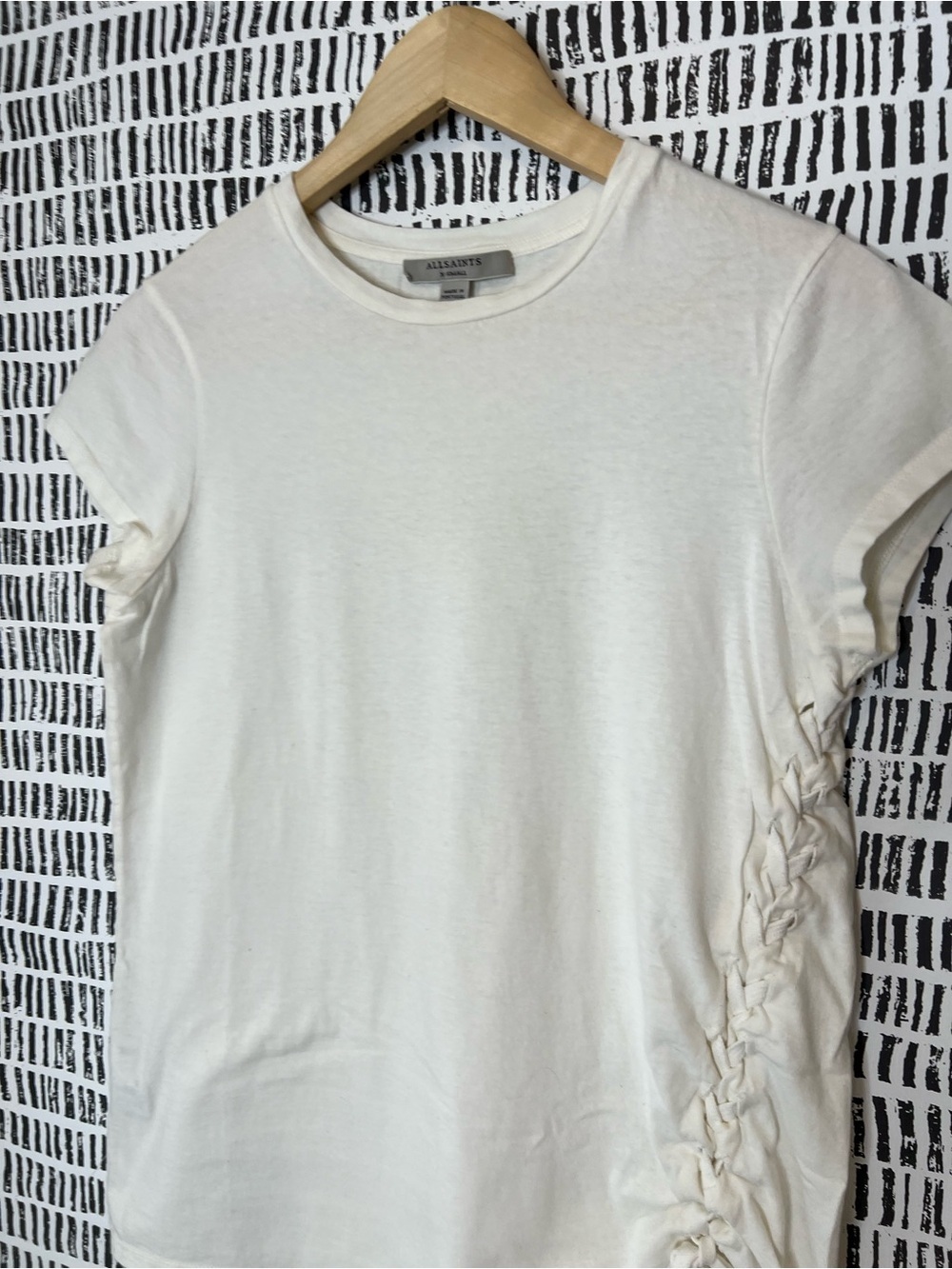 AllSaints White Ruched Side Tie Tee Minimalist Crew Neck Short Sleeve Cotton Top - Picture 4 of 15